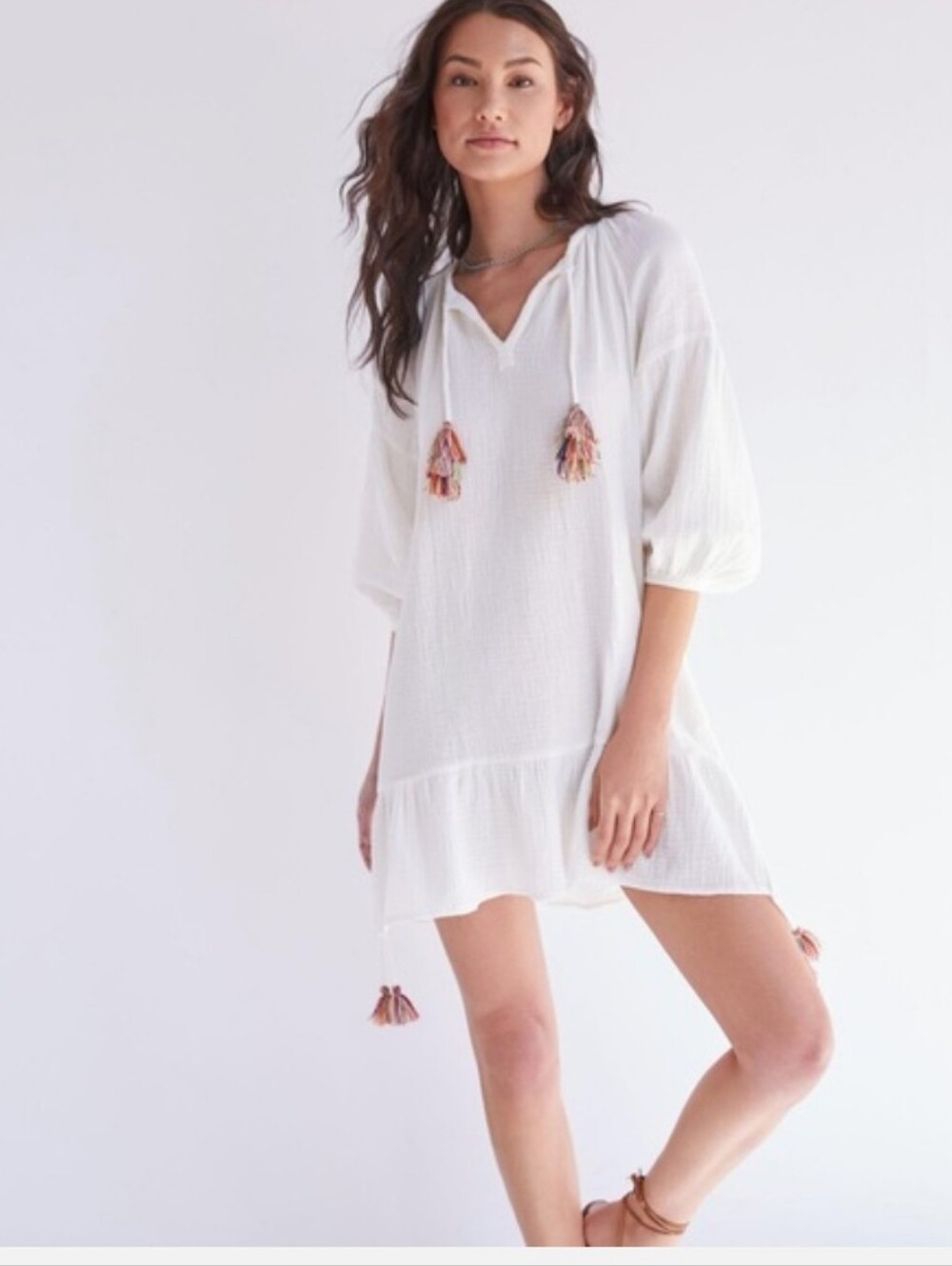 Anthropologie Sundays Pilar Flounced Tunic Dress in Coconut Milk Pom Poms Size 0